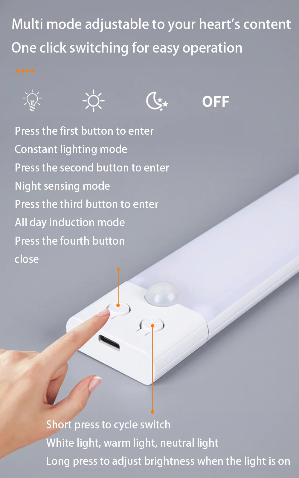 Nachtlicht mit Bewegungsmelder, USB wiederaufladbar, kabellose Lampe unter dem Schrank, LED-Leuchten für Küchenschrank, Schlafzimmer, Kleiderschrankbeleuchtung – Detail 6