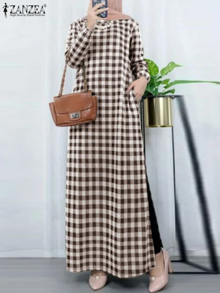 ZANZEA-Robe Maxi Vintage à Carreaux pour Femme, Mode Musulmane, Abaya, Printemps, Manches sulf, Plaid, Kaftan Éducatif, Turquie