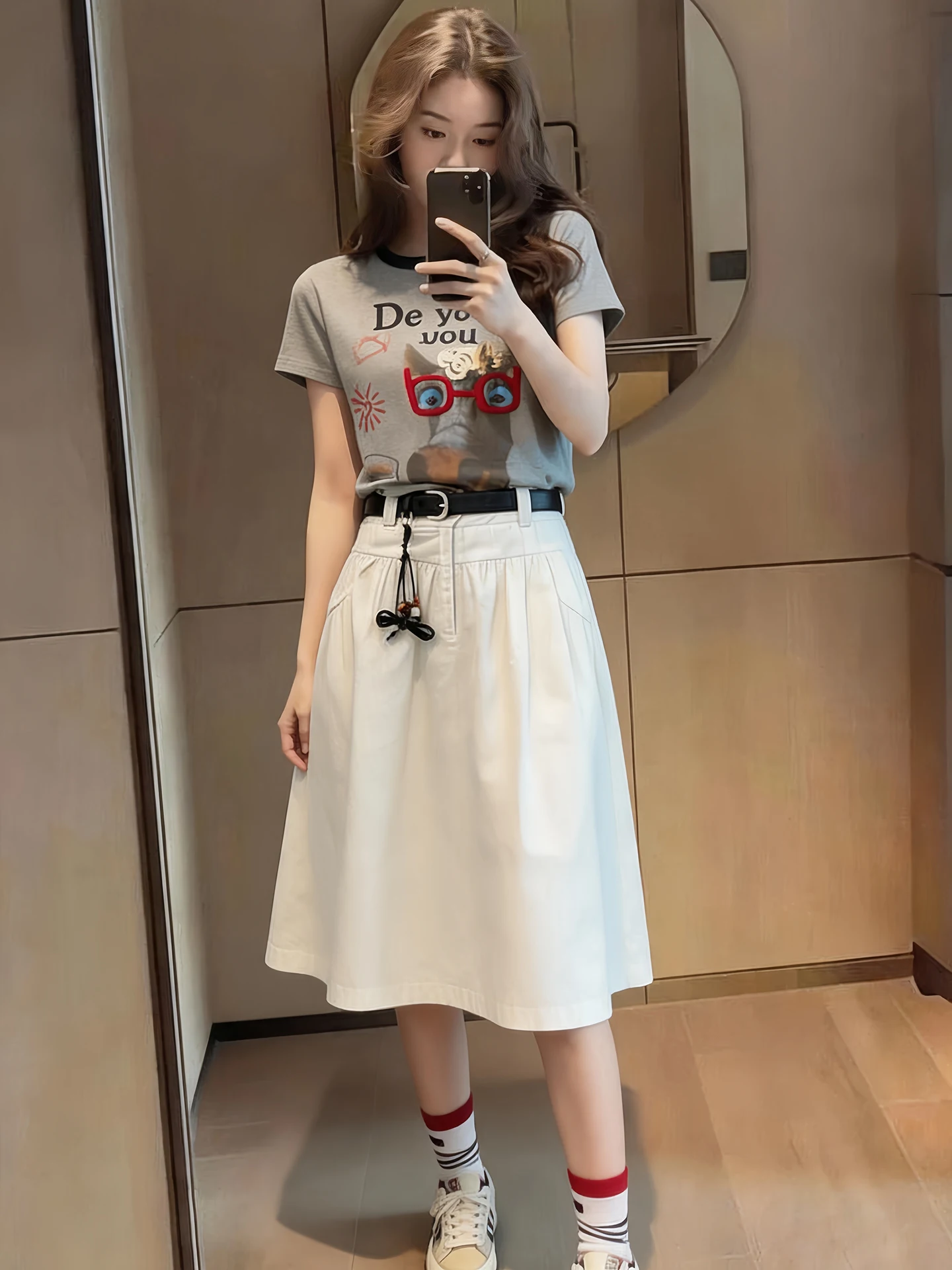 

Summer Outfit Sweet And Spicy Short Sleeve T-Shirt with Flared Skirt High Waist Midi Dress Two Piece Set for Women Commute Style