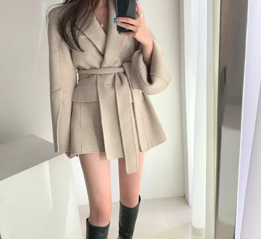 2023 New Autumn And Winter New Wool Coat Casual Lace-Up Mid-Length Woolen Suit British Style Slim Fit Outerwear Women Clothes