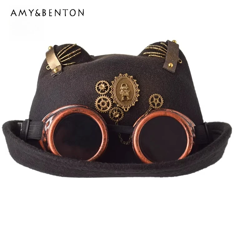 

2025 New Steampunk Retro Style Gear Top with Glasses Hat Lolita Cat Ears Halloween Ball Performance Dark Brown Hat