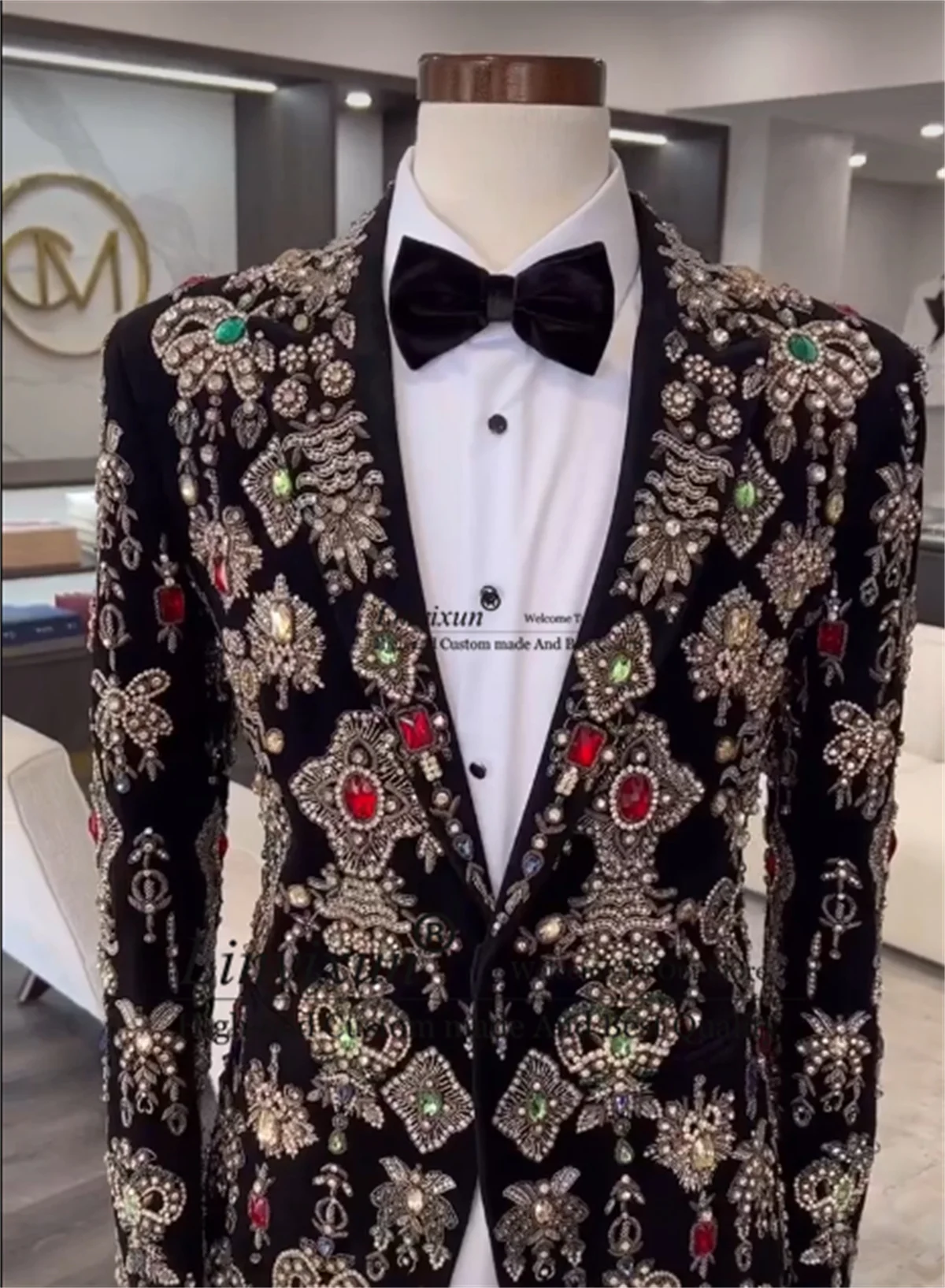 Luxury Beaded Crystals Men Suits 2 Pieces Sets Male Prom Blazers Peaked Lapel Groom Wedding Tuxedos Customized Costume Homme