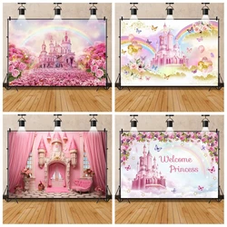 Pink Rainbow Castle Princess Birthday Party Backdrops Flowers Carriage Girl Baby Shower Photographic Background Photo Studio