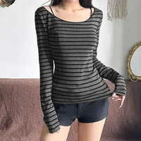 Gray Striped Slim Fit Base Shirt Women's Inner Wear Long Sleeve T-Shirt Shoulder Bared Spring Autumn New Style Casual Top