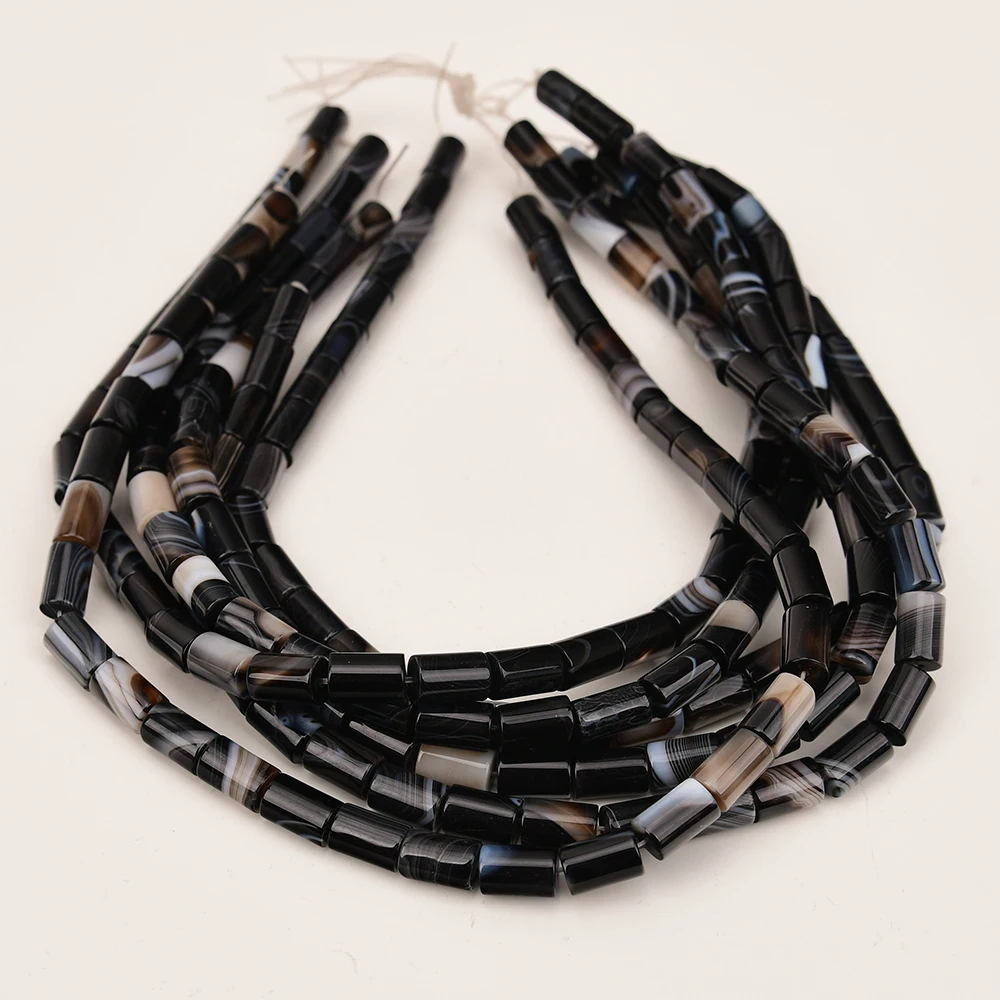 APDGG 2 Strands Mix color Black Agate Stone Cylindrical Shape Loose Beads Jewelry Making DIY