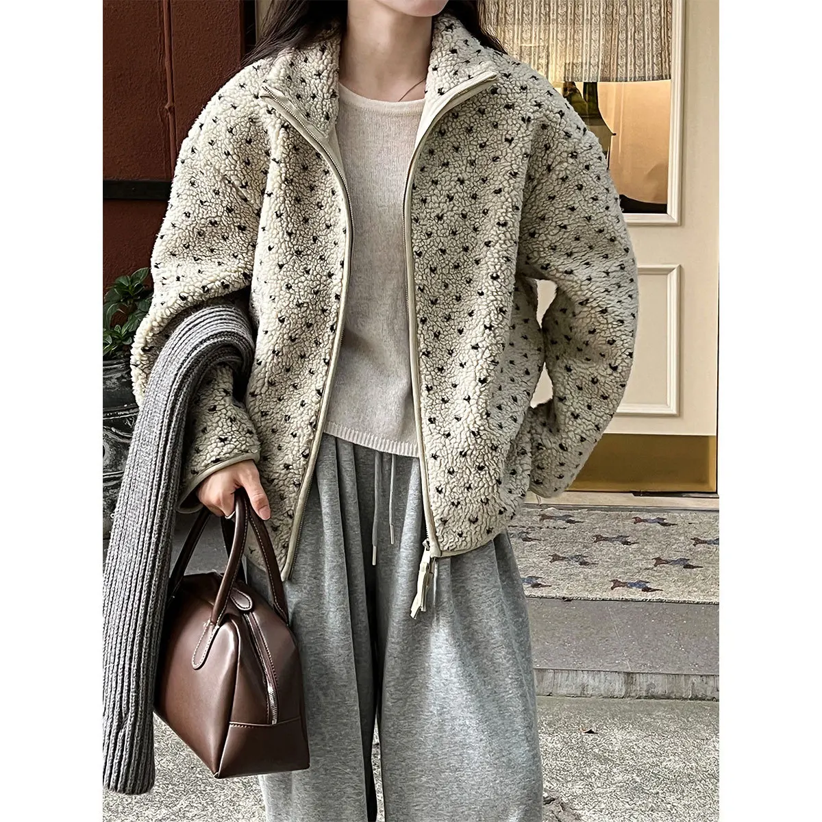 Vintage Polka Dot Lamb Wool Stand-up Collar Top Warm Women's Winter New Double Zipper Jacket 2025