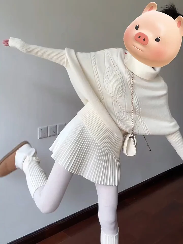 Lockerer Strickpullover für Damen, Herbst und Winter, schöne Rollkragenfarbe, Knopf, asymmetrischer Mantel, Strickwaren, lässig, Faion