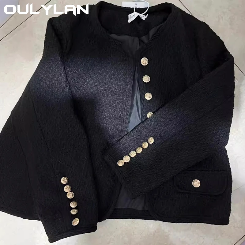 Premium Black Short Coat Women's Coat French black Gold button Jacket Office women's Short vintage coarse wool coat Autumn