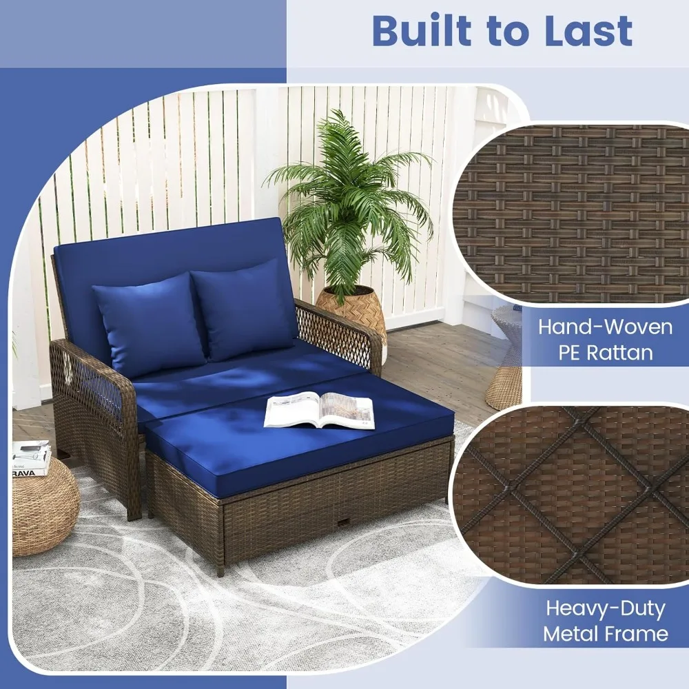 outdoor daybed, wicker loveseat sofa set with storage ottoman, 4-level adjustable backrest, sofa pillows & cushions, ratten doub