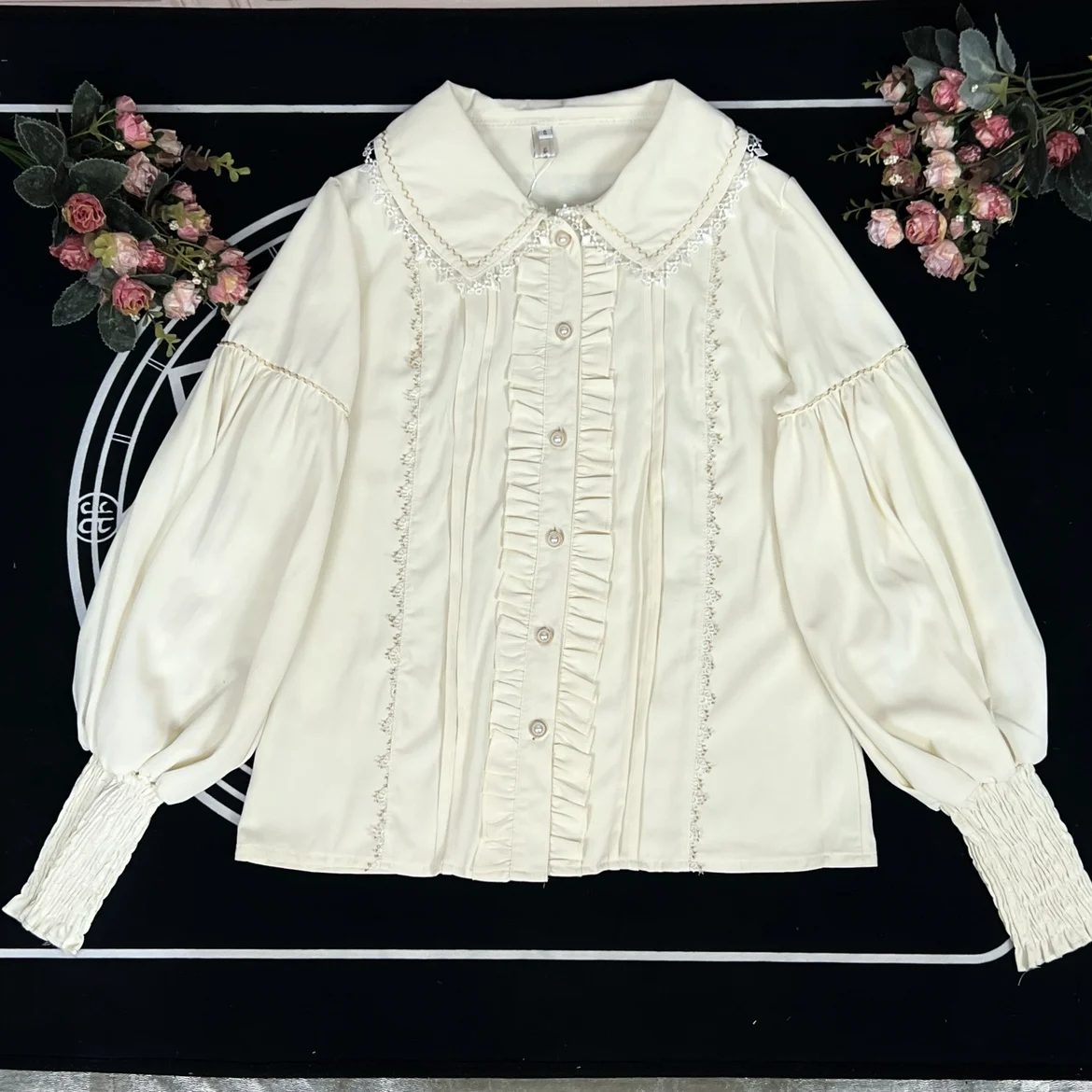 Original Retro Lolita Inner Shirt Lace Stitching Ruffles Doll Collar Long Sleeve Single-Breasted Women's Shirt Top Summer 2024