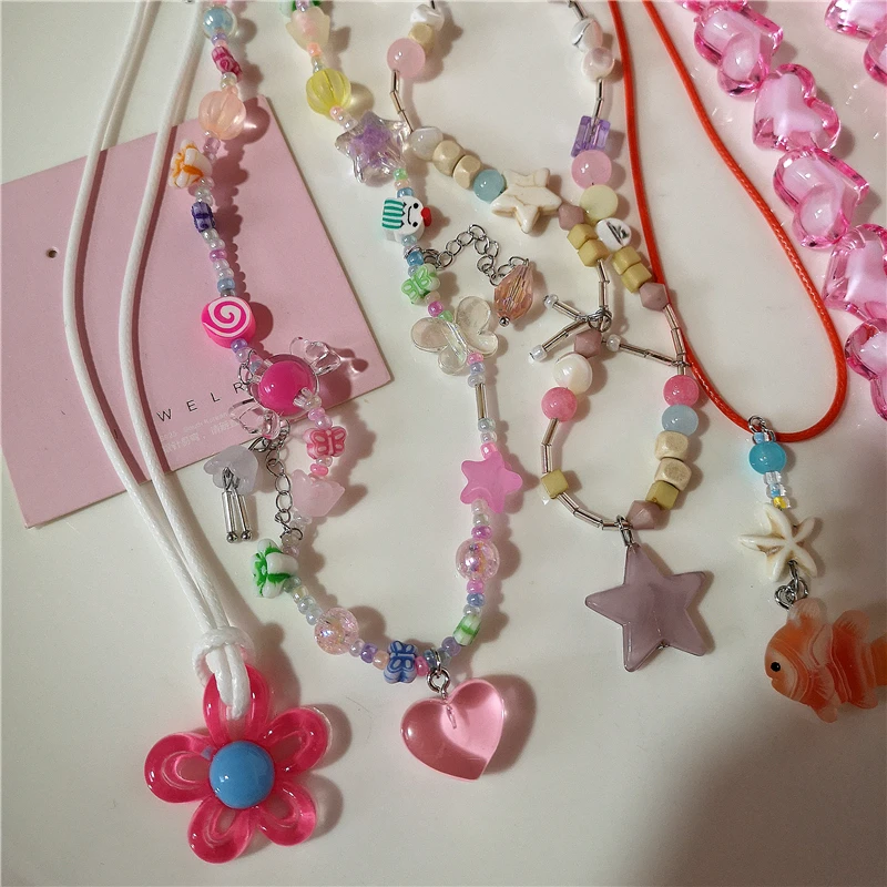 Y2K różowy akrylowy kwiat gwiazda wisiorek z frędzlami zroszony Choker naszyjnik Egirl łańcuszek w kształcie serca estetyczna biżuteria 2000s akcesoria EMO — zdjęcie 5
