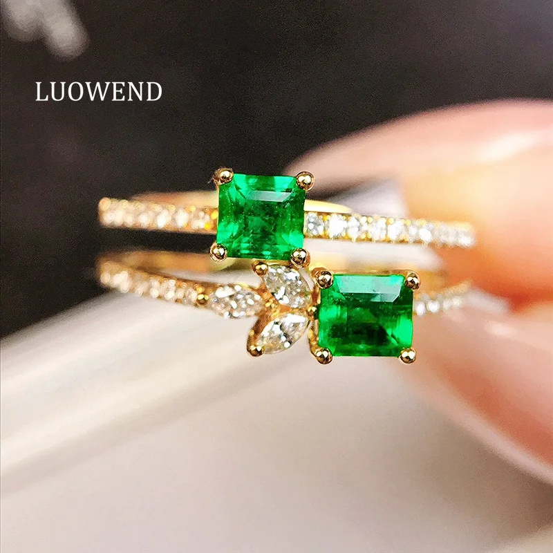 LUOWEND 100% 18K Yellow Gold Rings Romantic Elegant Style Shiny Diamond Natural Emerald Ring for Women High Wedding Jewelry