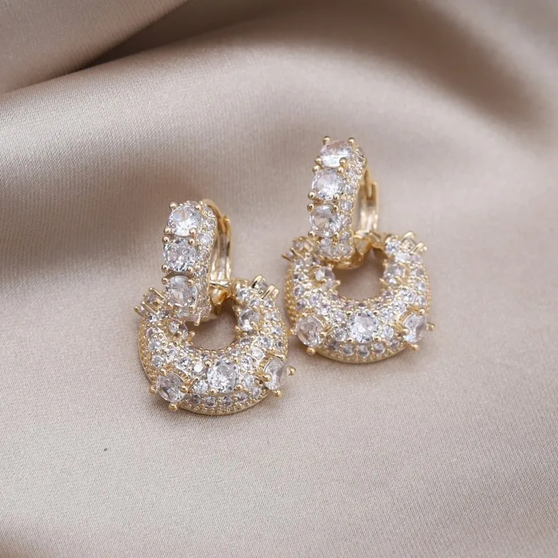 2023 14K Gold Plated Korean New Design Fashion Jewelry Full Zircon Square Pendant Earrings Luxury Women\'s Party Accessories