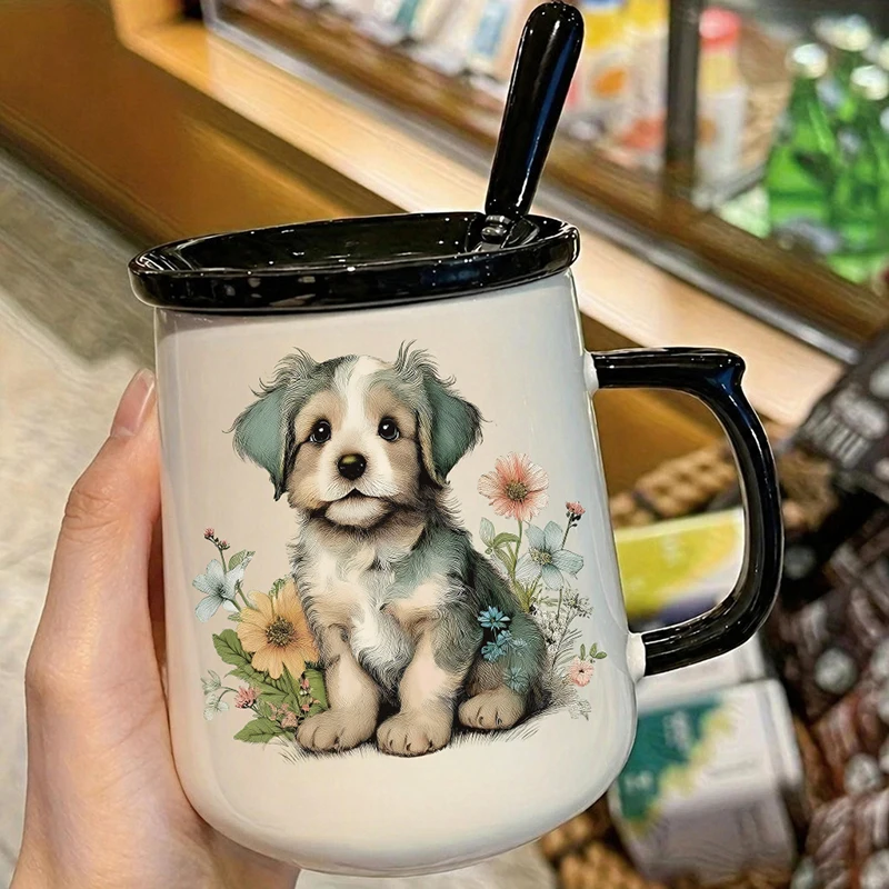 6pcs Cute Puppy Dog Floral Crystal Transfer Stickers Waterproof UV DTF Decals for Glass Cups DIY Craft Supplies