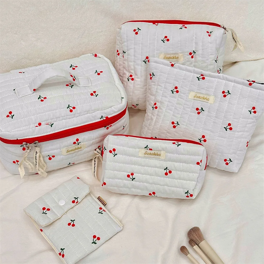 Ladies Travel Storage Bag Retro Cherry Print Cotton Women's Cosmetic Bags Cute Girls Pencil Case Makeup Bag Handbags