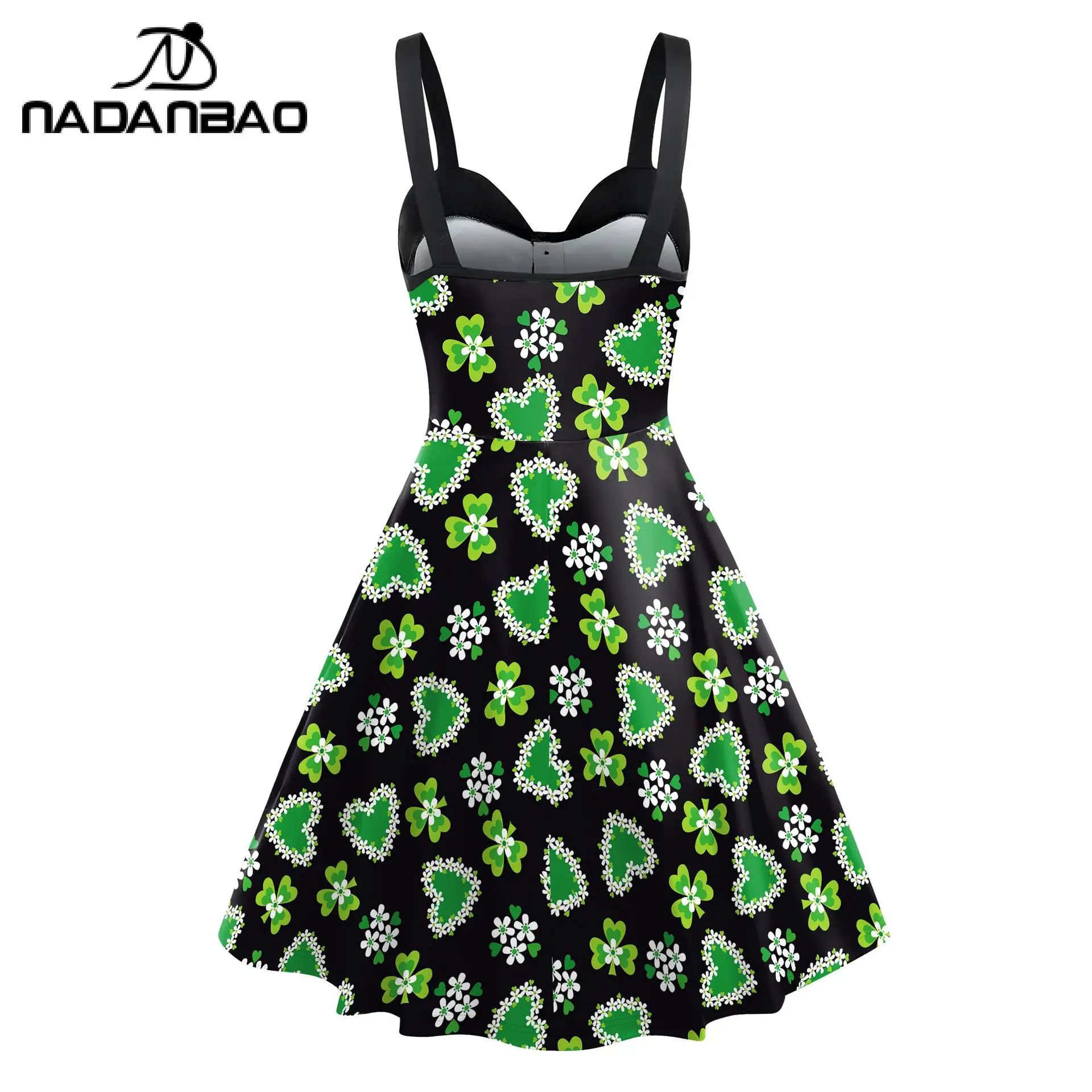 Nadanbao St. Patrick's Day Sexy Dress Women Green Backless Irish Holiday Party Slip Dress Girls Clover Digital Printing Dress