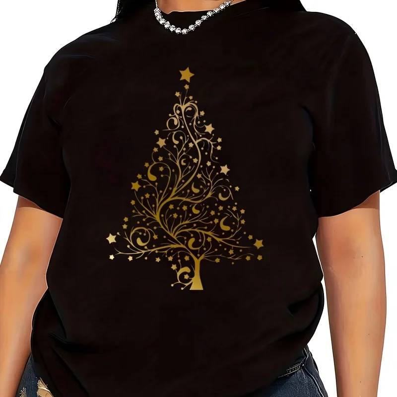Casual Short Sleeve Crew Neck White Christmas Tree Graphic Print with Golden Stars Swirls, Machine Washable Holiday Everyday Top Women's T-Shirt 100% Cotton Funny Graphic Short Sleeve Tee Novelty Shirt Casual Crew Neck Top S-5XL