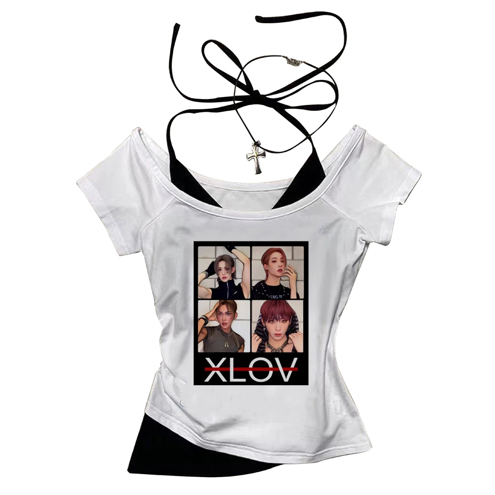 Xlov crop top women gyaru summer baddie vintage harajuku t shirt cute scene  meme gyaru emo