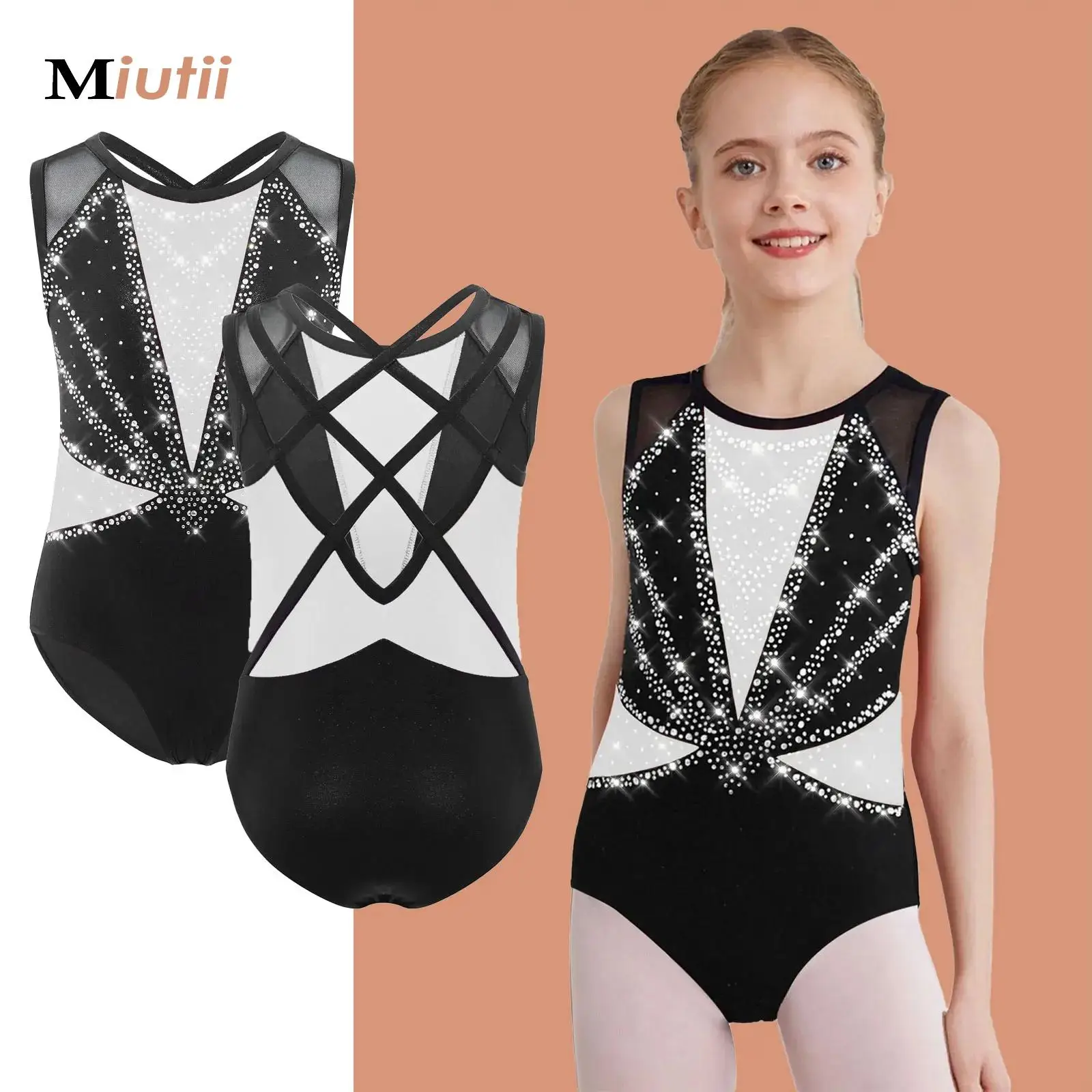 

Rhythmic Gymnastics Jersey Kids Girls Ballet Practice Tutu Dance Costume Sleeveless Leotard Color Block Figure Skating Bodysuit