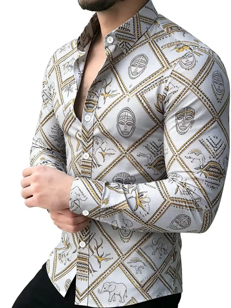 New Wine Red Shiny Silver Geometric Diamond Shaped Shirt  Light Luxury Banquet men's Slim Fit Long Sleeved Shirt
