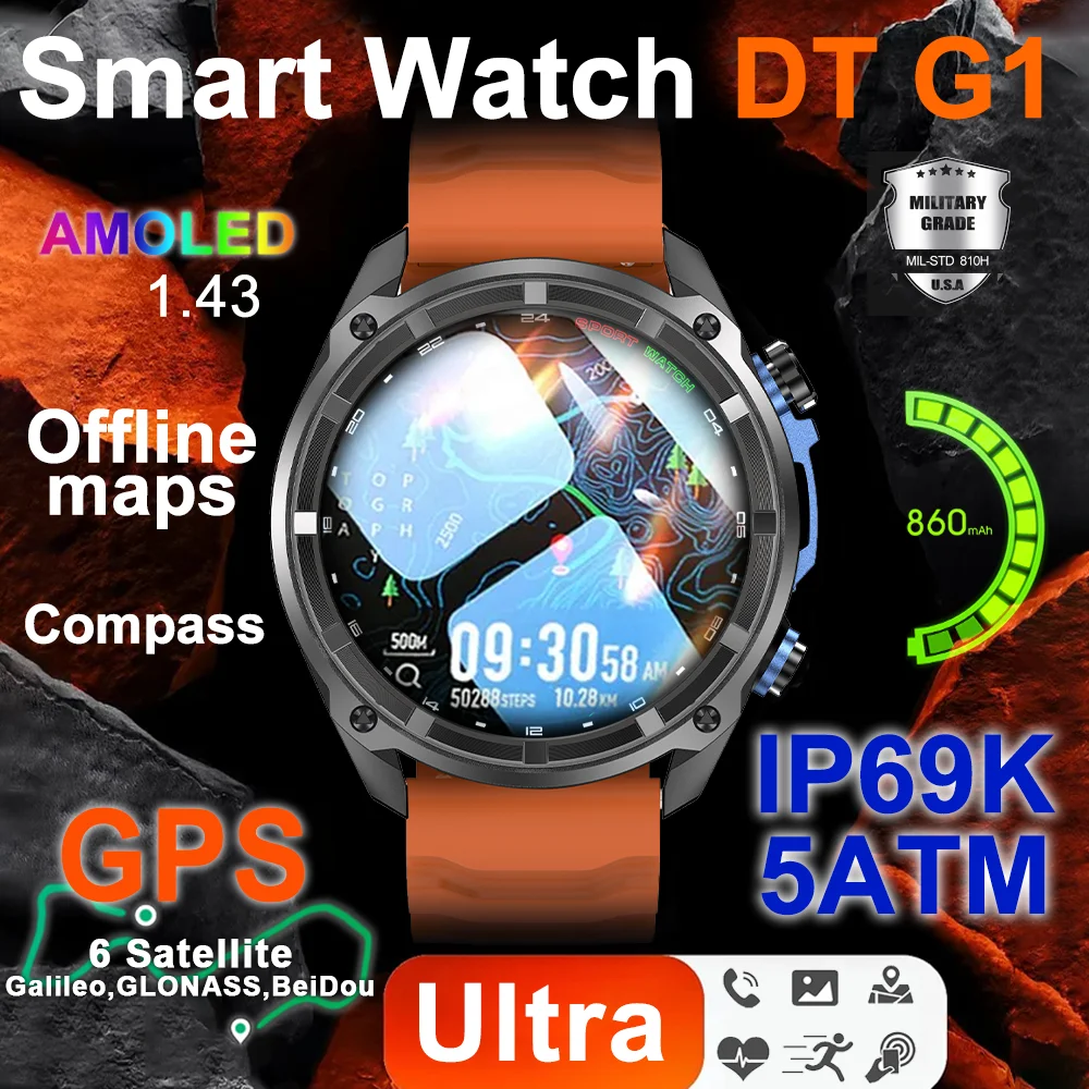 

New GPS Men Military Outdoor 860mAh Battery Smart Watch GPS Watches 5ATM Waterproof Swim 1.43-inch HD Bluetooth Call Smartwatch
