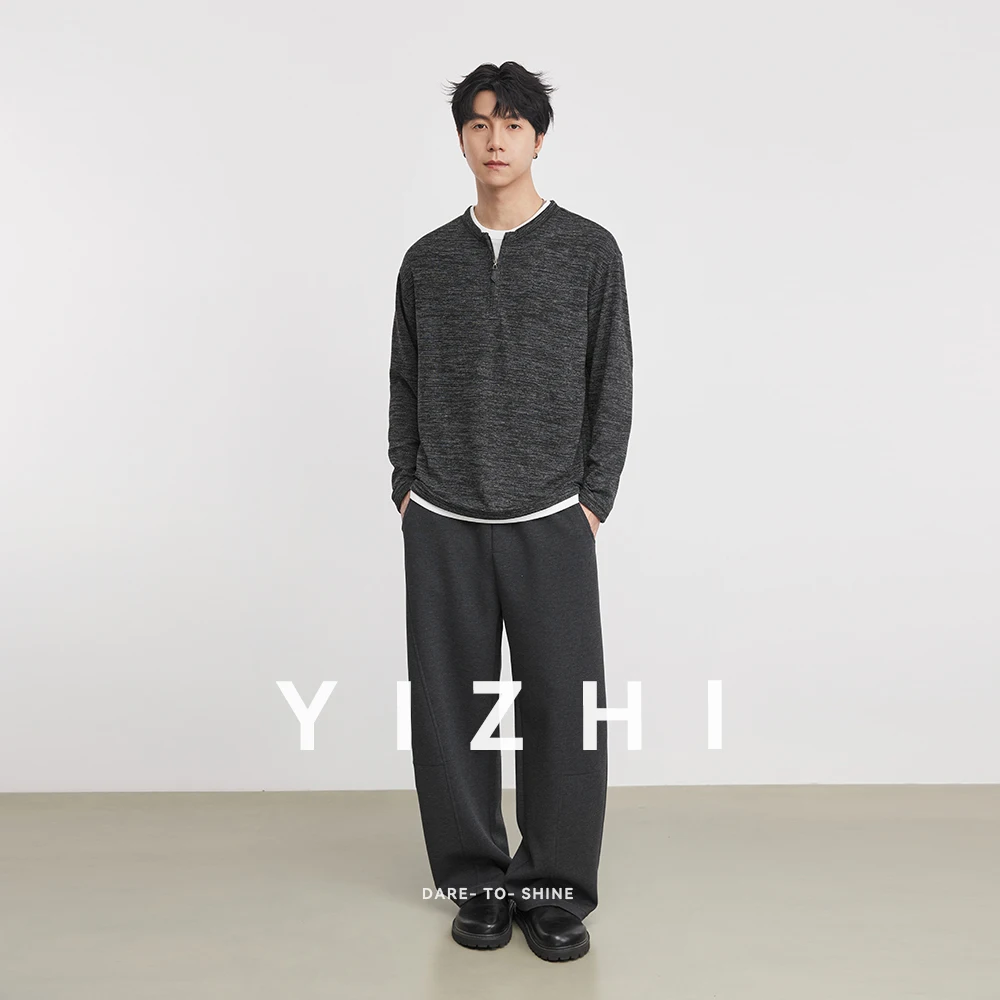 260g Heavyweight Half Zip Fake Two-Piece Crew Neck T-Shirt Men 2026 Spring Heather Grey Texture Soft Long Sleeve Casual Tops