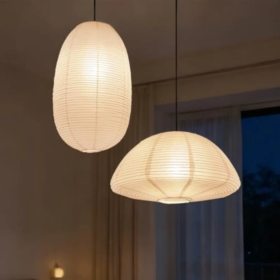 Set of 2 Rice Paper Pendant Light Shades, Large Japanese Minimalist Hanging Lamp Shades for Dining Room Bedroom Living Room, De