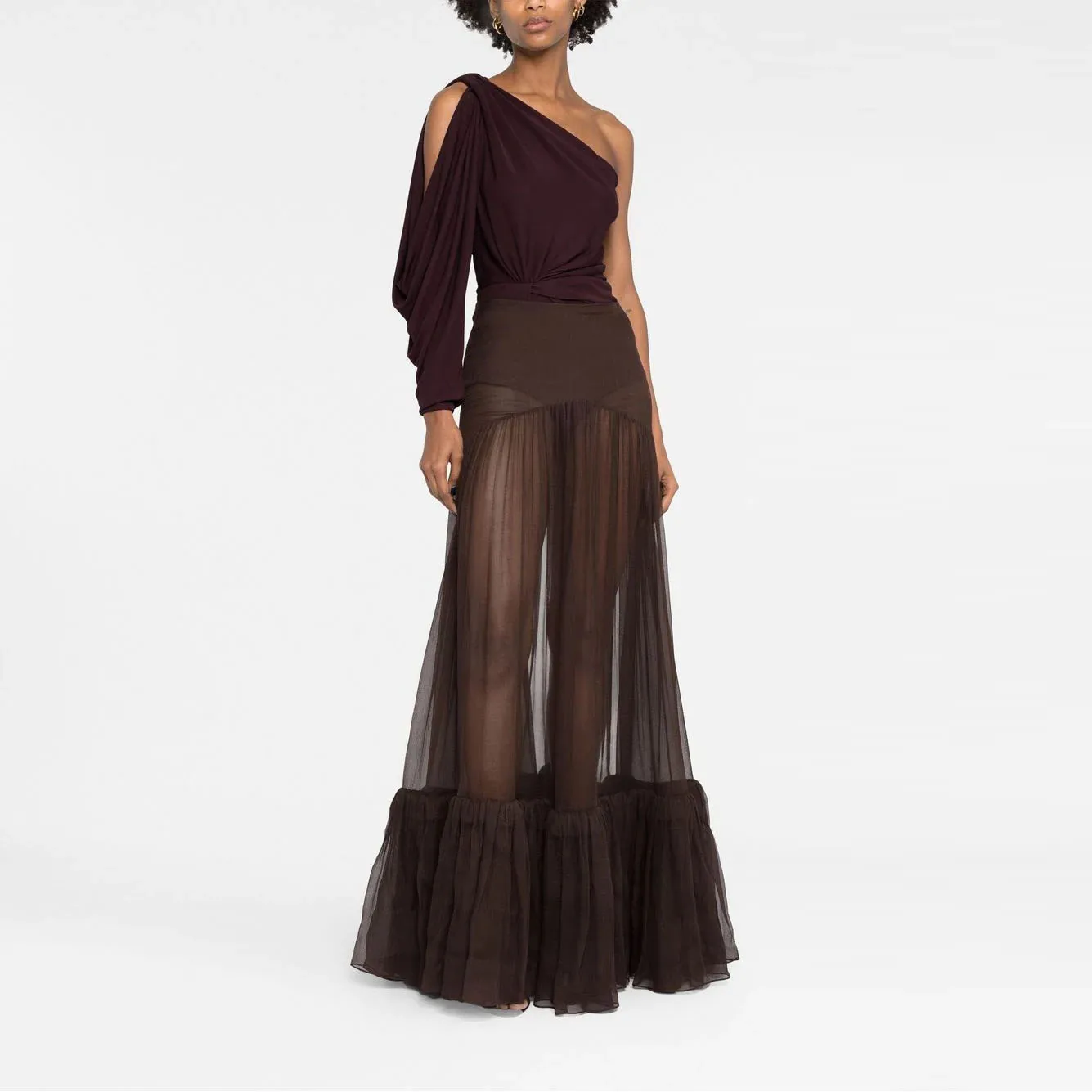 

Chocolate Brown See Thru Long Tulle Skirts A-line Women Maxi Skirt Elastic Draped Bottom Female Tulle Skirt Overlay