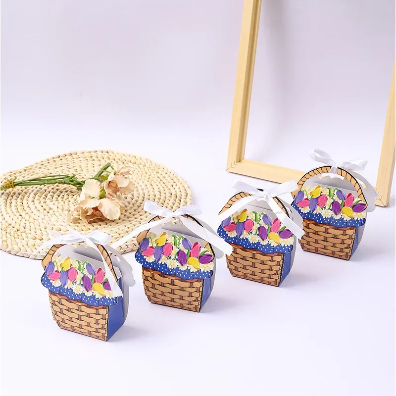 10Pcs Creative Oil Painting Flower Basket Shape Candy Boxes Gift Packings Boxes for Wedding Birthday Baaby Shower Party Decor