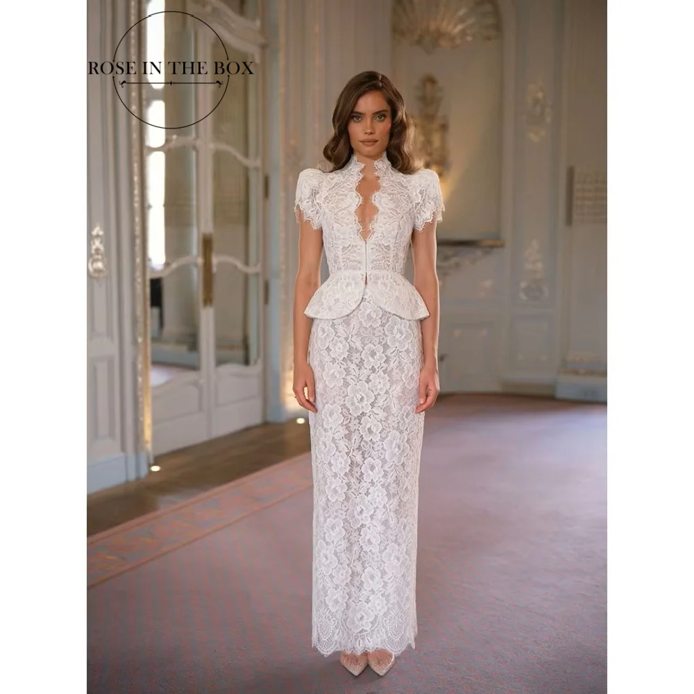 ROSEINTHEBOX Lace Embroidery Wedding Dresses Column High Neck Short Sleeve свадебное платье Deep V-neck Bridal Gowns Customized