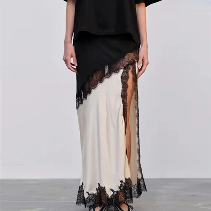 

Сексуальная юбка из атласа с кружевными вставками, средней длины, с разрезом, модный повседневный предмет для женщин, европейский стиль, без бренда, другой материал