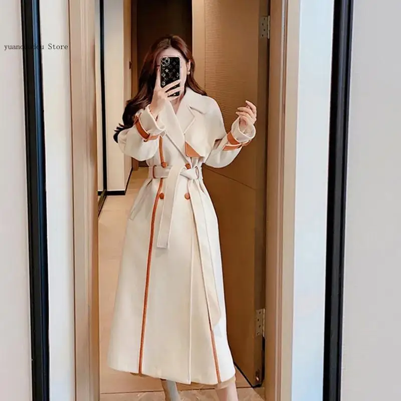 Autumn Winter Temperament Lapel Color Blocked Thicken Wool Overcoat Female with Belt Woolen Coat for Women