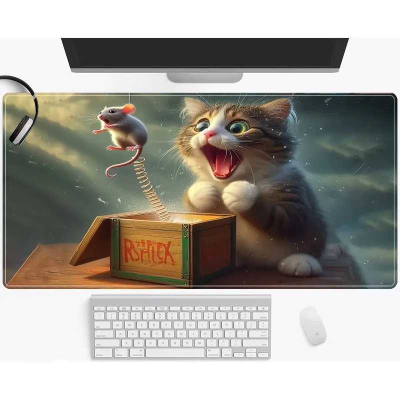 

A cat and mouse game mouse pad, large rectangular desktop pad with stitched edges, non-slip surface, suitable for PC and laptop