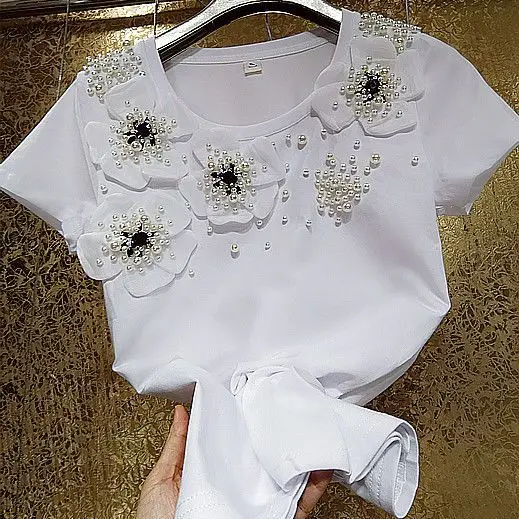 Fairy O-Neck Rhinestone Beautiful Pearls Beadeded Tees Luxury Crystal 3D Flowers Cotton T-shirts Short Sleeve Jumpers Crop Tops