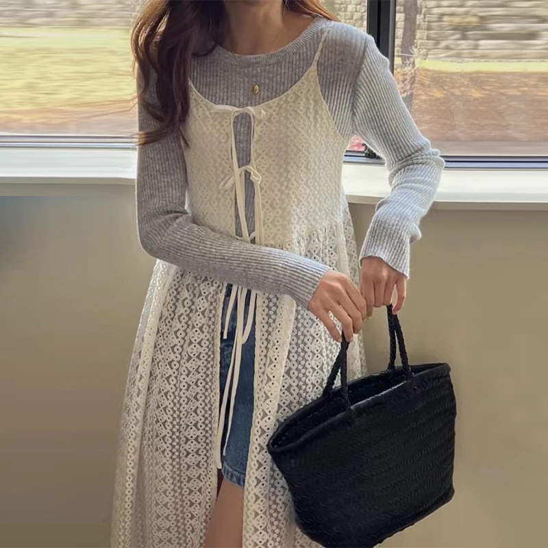 Lace Dress Vintage See Through Spaghetti Strap Korean Fashion O-neck Hollow Out Sleeveless Split Bandage Robe Y2k Vestidos