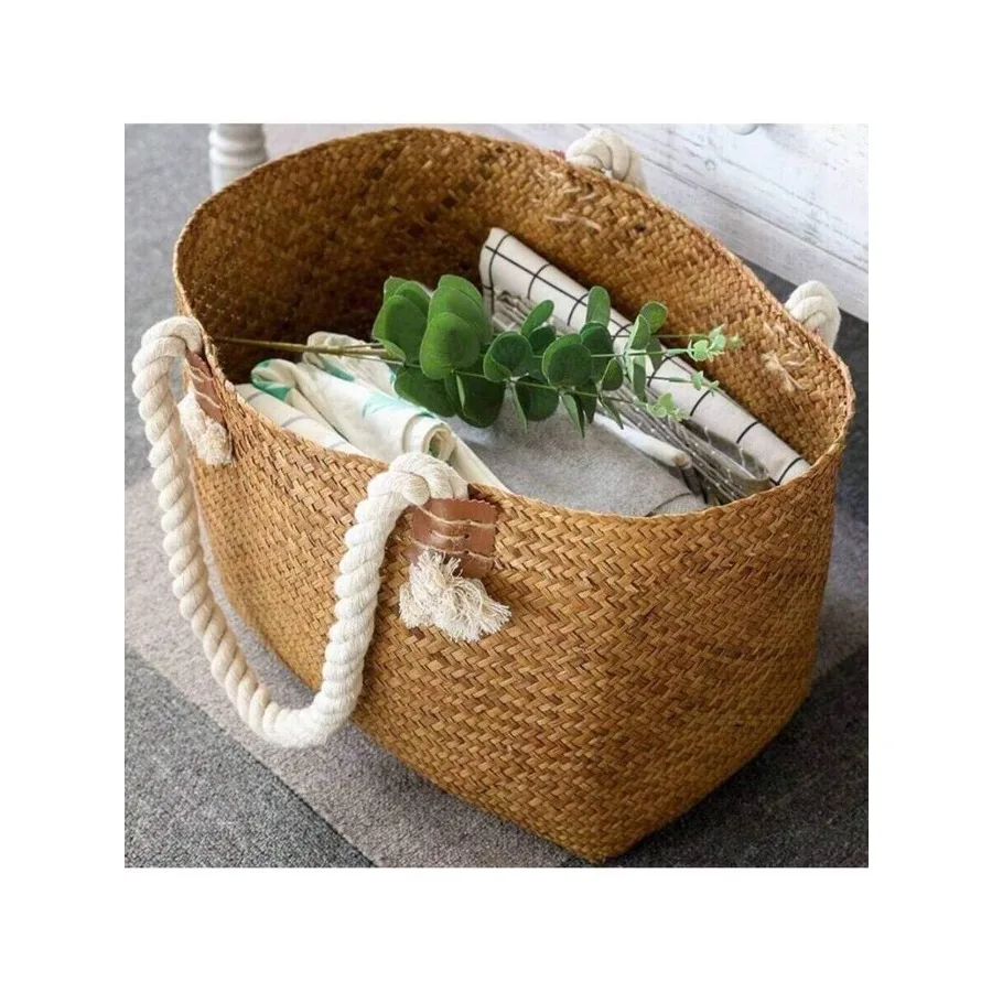 

Большая плетеная корзина из соломы ручной работы, корзина для хранения из ротанга в стиле фермерского дома, корзина для белья, корзина для хранения игрушек, 1 шт.