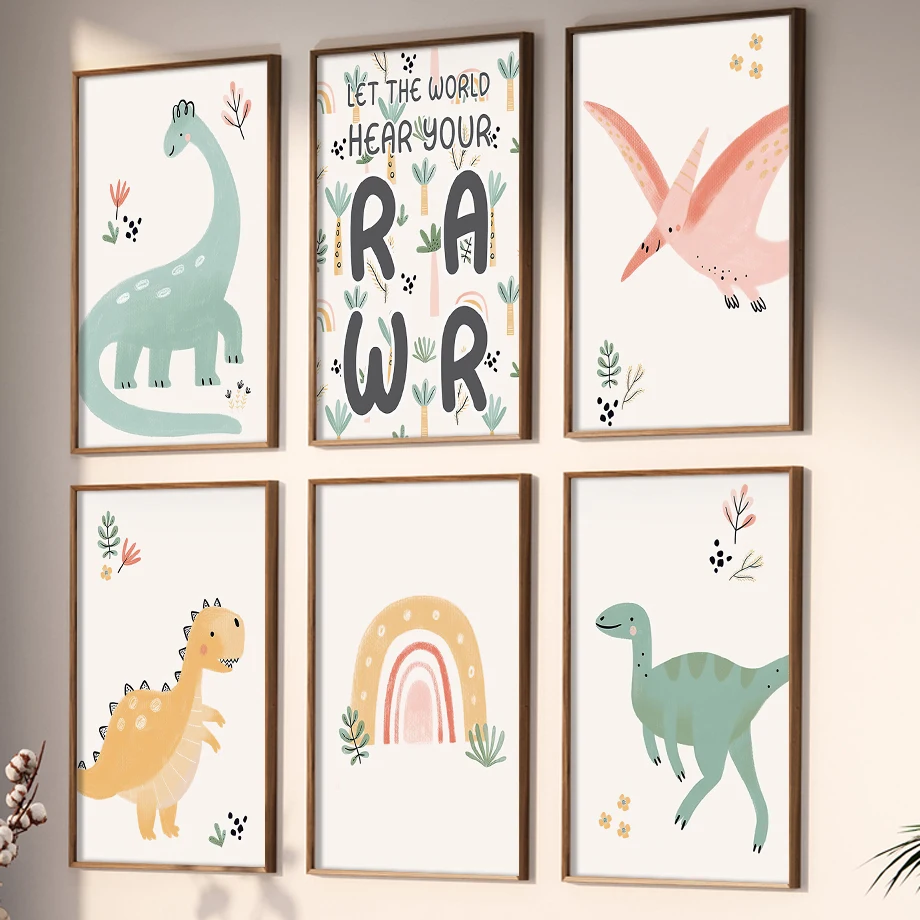 Cartoon Animals Poster Dinosaur Roar Rainbow Nursery Wall Art Print Canvas Painting Wall Pictures Baby Kids Room Home Decoration