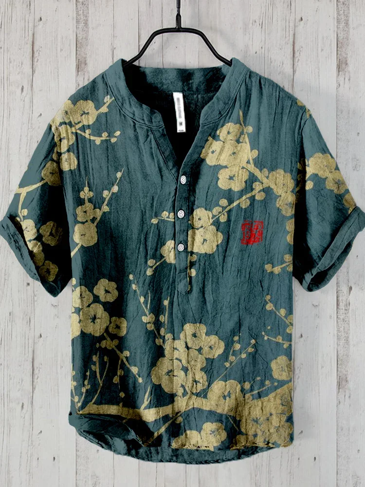 Camisa Retro de manga corta con cuello en V para hombre, camisa de solapa con estampado de ilustración artística, moda de verano, informal