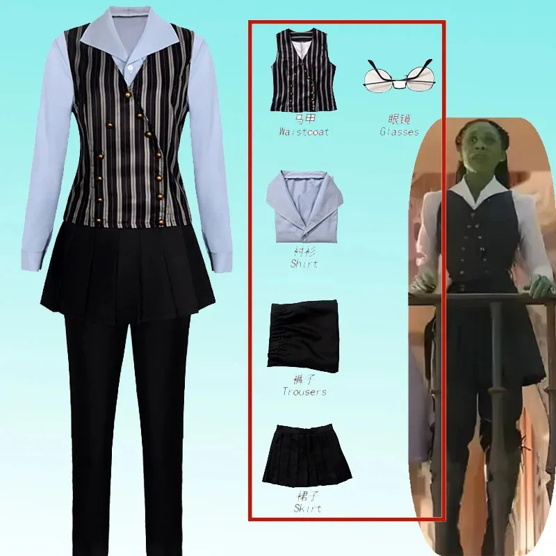 

Anime Wicked Elphaba Cosplay Costume Woman Skirt Shirt Vest Uniform Elphaba Glasses Outfit Suit Halloween Party Play Clothing