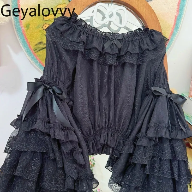 

Vintage Horn Long-sleeved Top Japanese Lolita Bow Lace One-word Shoulder Long-sleeved Solid Color Shirt Versatile Chiffon Blouse