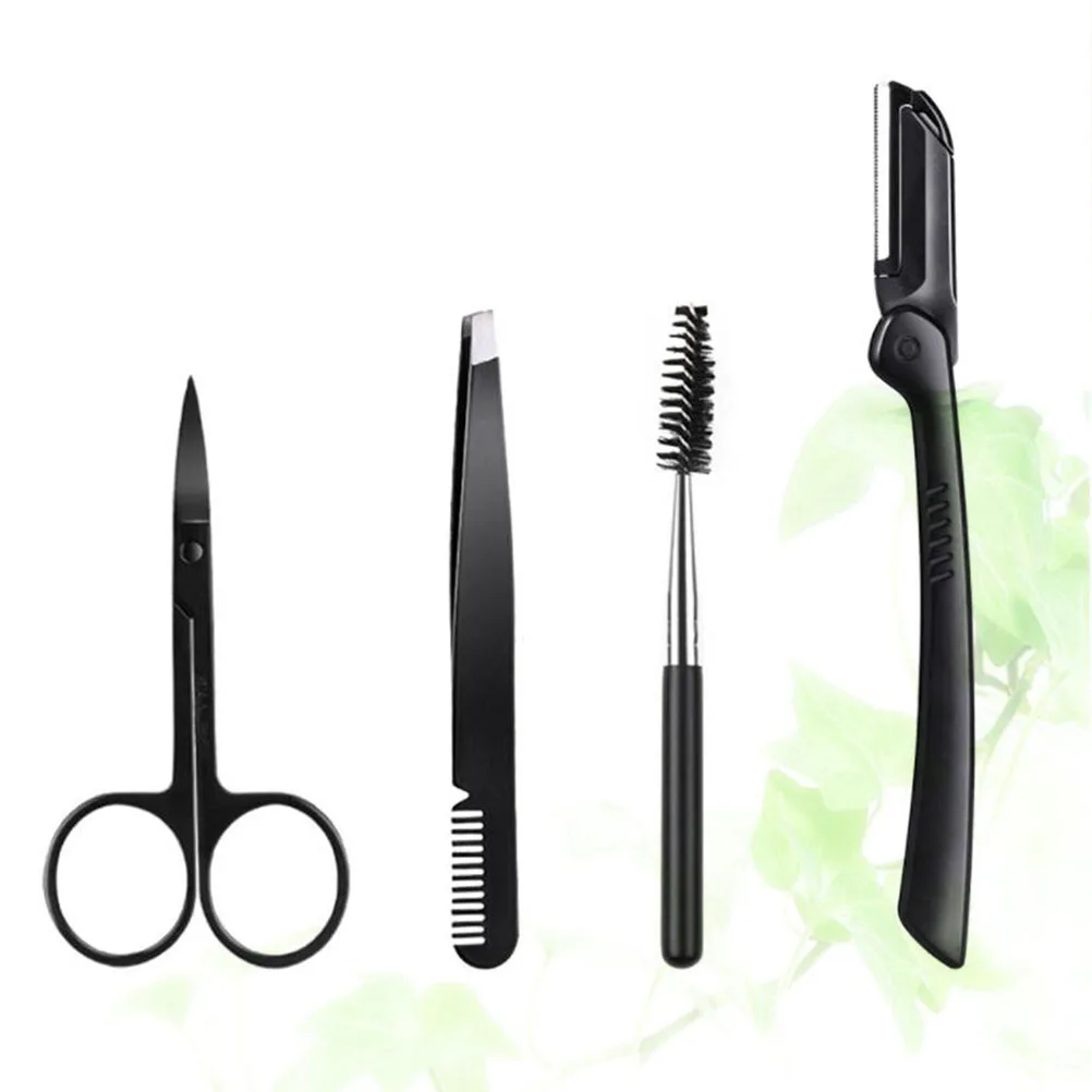 

4Pcs Eyebrow Trimmer Set Eyelash Comb Black Beginner Precision Tweezers Scissors NonRusting EasyCleaning Travel Storage Beauty
