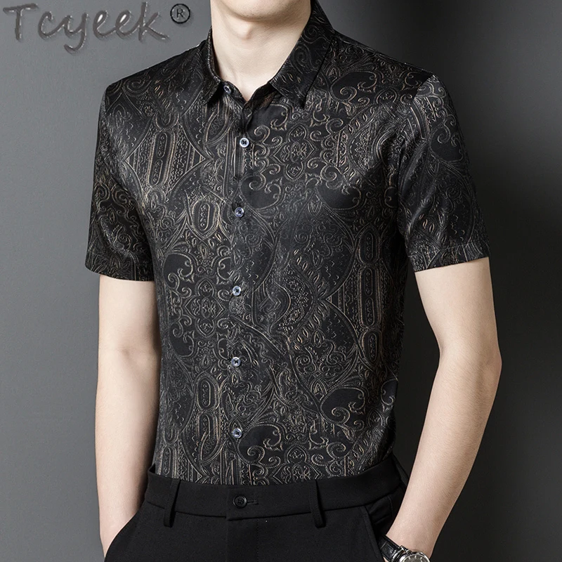 

Tcyeek 92.5% Real Mulberry Silk Shirt Men Thin Summer Clothes Print Short Sleeve Top Business Casual Mens Shirts 2024 Slim Fit