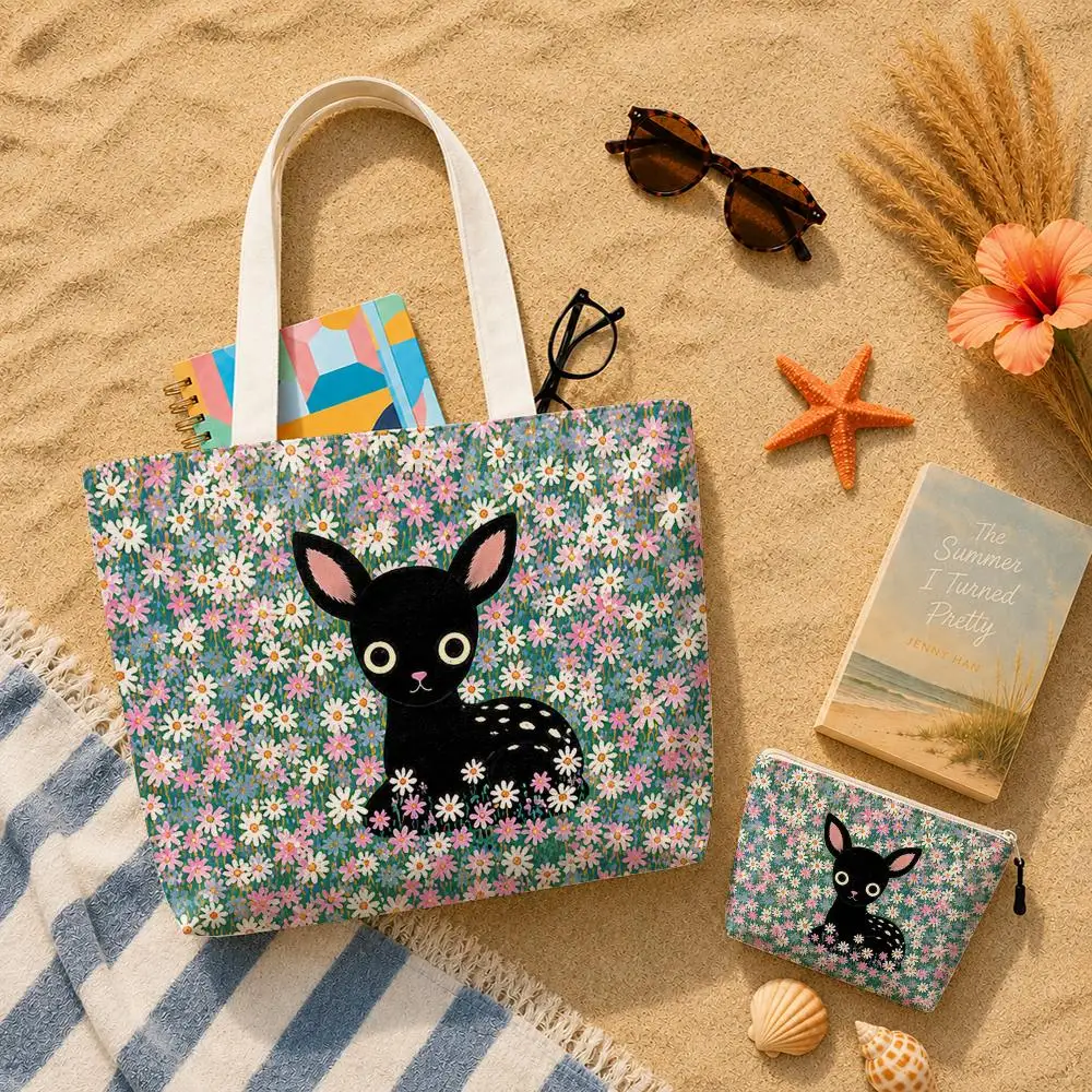 Animals in Flowers Storage Bags Canvas Double-Sided Print Set 2PC Makeup Pouch Set with Zipper for Picnic Travel