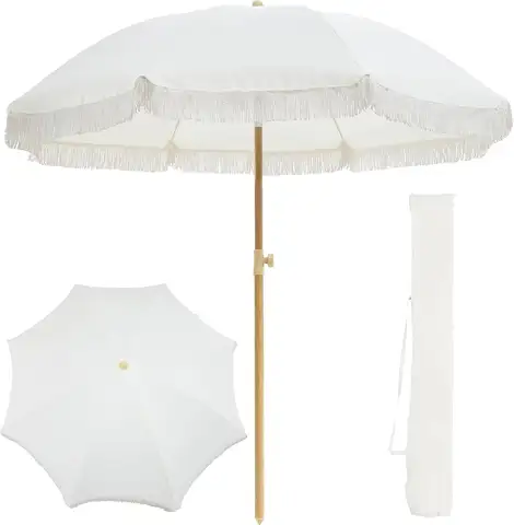 7FT Boho Patio Umberlla with Fringe,UPF50+ Outdoor Umbrella with Fiberglass Ribs and Push Button Tilt,Tassels Umbrella for Beach,Terrace,Picnic