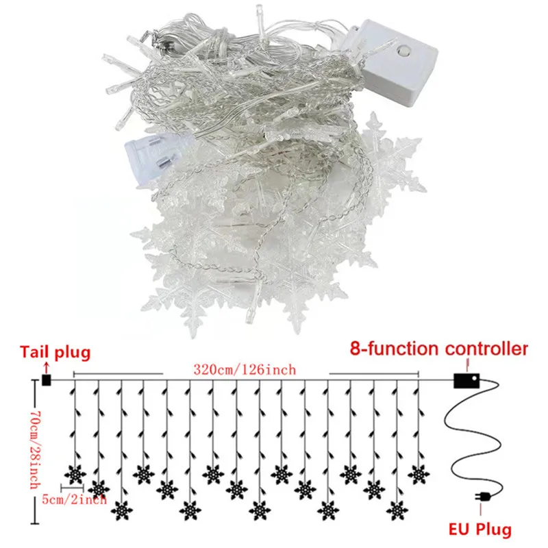Светодиодные гирлянды со снежинками, 2025 Новый год, Рождественская гирлянда, вилка европейского стандарта, 220 В, свадебная вечеринка, украшение для сада, праздничное освещение