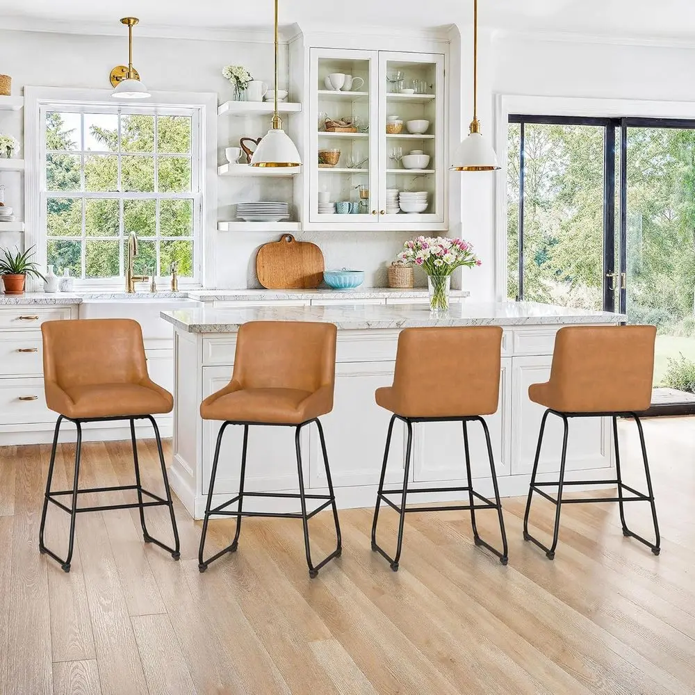 

Набор из 4 предметов: 26 современных поворотных барных стульев из искусственной кожи со спинками, металлическими ножками и подставкой для ног для кухонной стойки, коричневая обивка