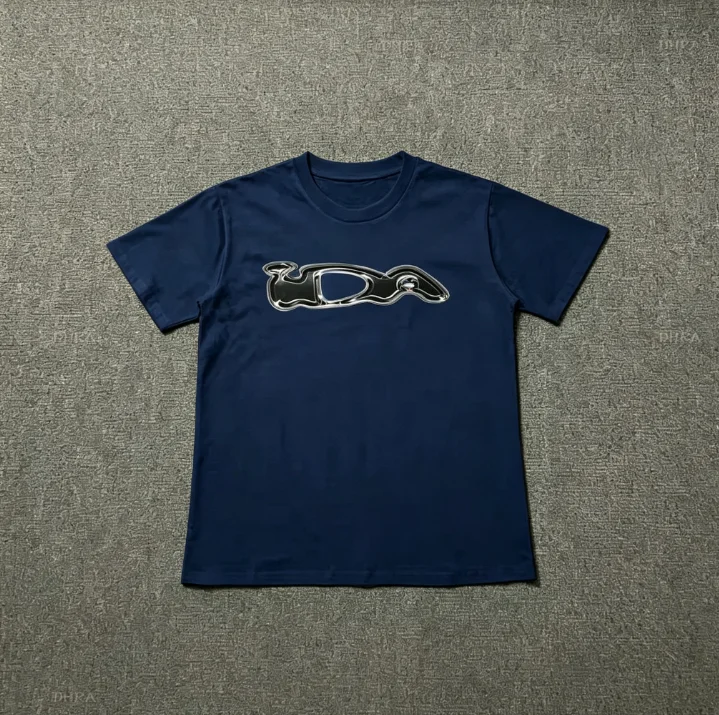 2026Men Liquid Metal Distorted Letter Graphic T Shirt Chrome Effect Streetwear Crewneck Tee