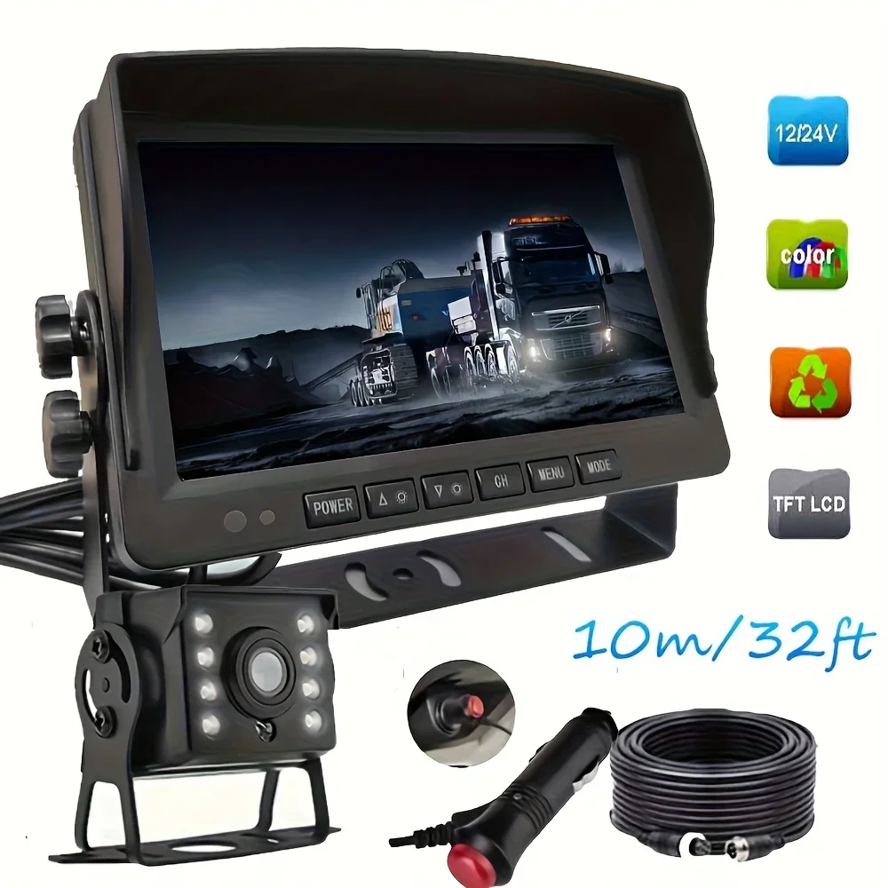 Bileeko LED Backup Camera Monitor Kit - 7-Inch 12-24V for Buses/Trucks/RVs/Pickups Parking Assistant Easy Install
