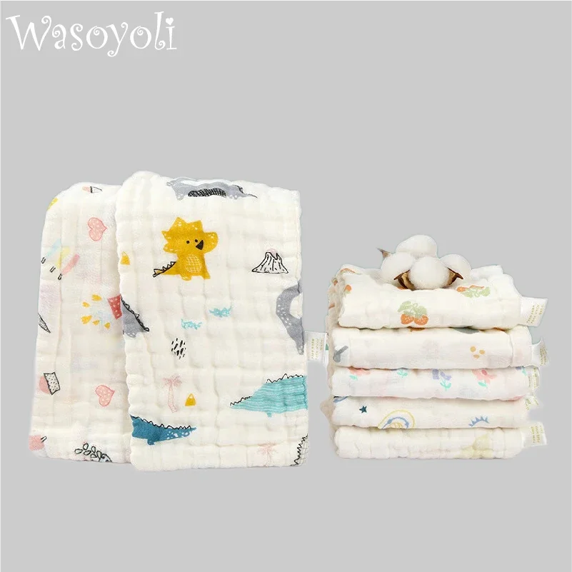 Wasoyoli 5 Pcs / Lot 10 Layers Burp Cloths Natural Size 14x40cm 100% Muslin Cotton Printed  Infant Feeding Bathing Face Washing