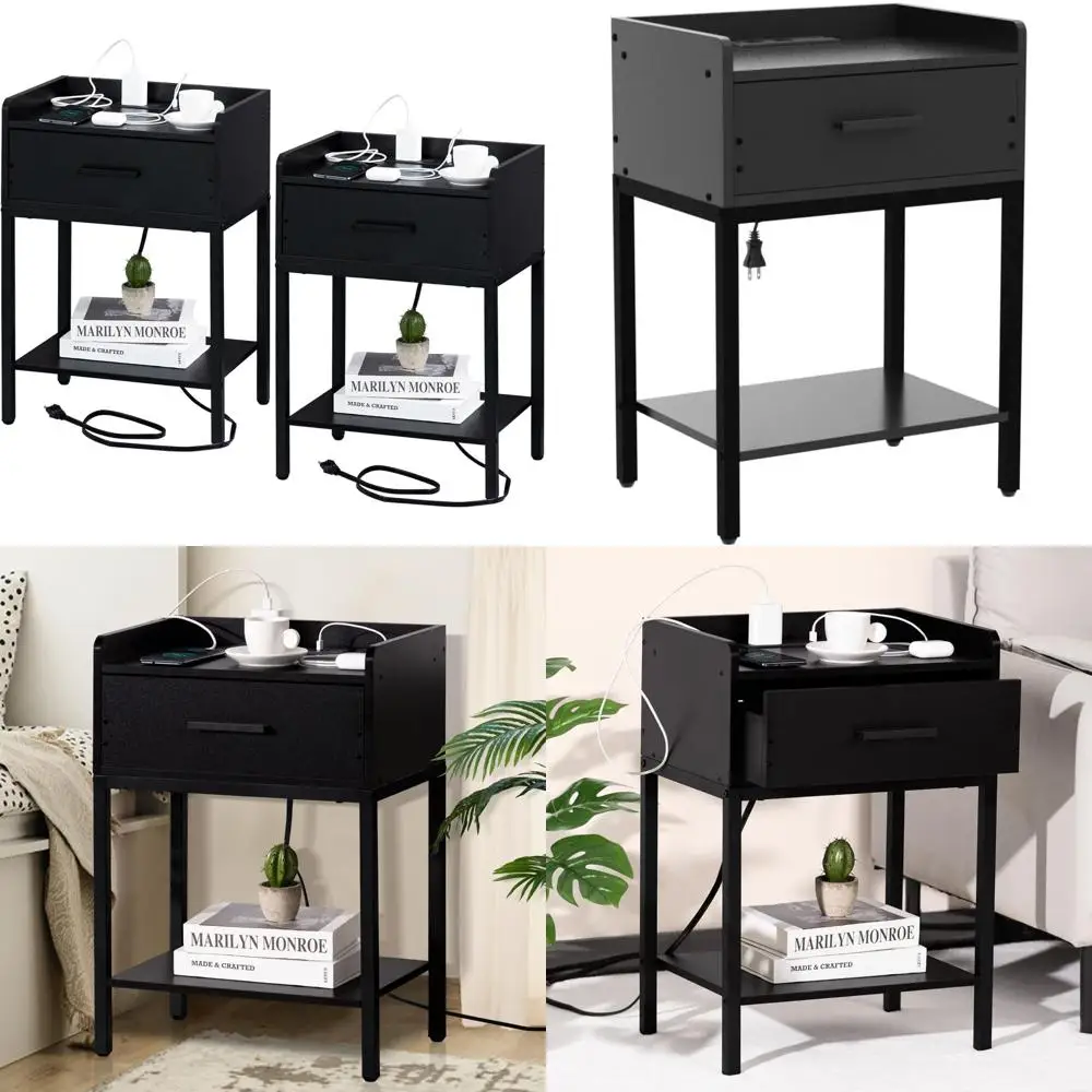 

Charging Station Nightstands Set of 2 with USB Ports, 3-Tier Storage End Side Table with Drawer and Shelf, Modern Design